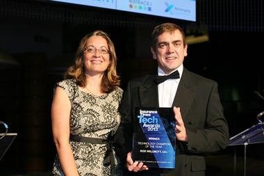 Insurance Times publishing director Shan Millie and Technology Champion of the Year LV= Fast Track innovation director Rod Willmott