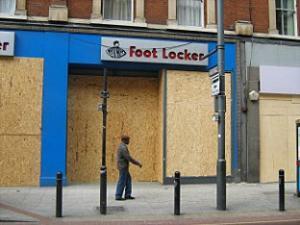 boarded up shops